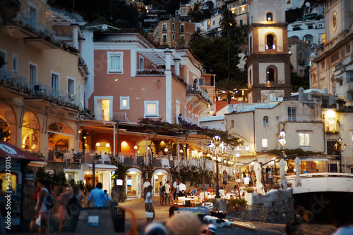 Positano, Italy - August 13, 2018. Night view of the city street. View of Positano at night. photo