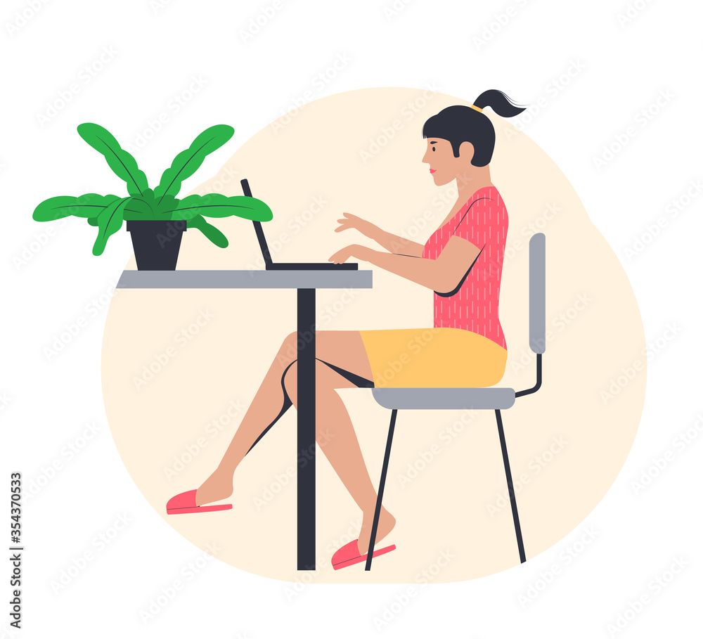 Freelance work concept. Young girl working from home. Freelancer in a comfortable pose. Freelance work concept. Young girl working from home. Freelancer in a comfortable pose.