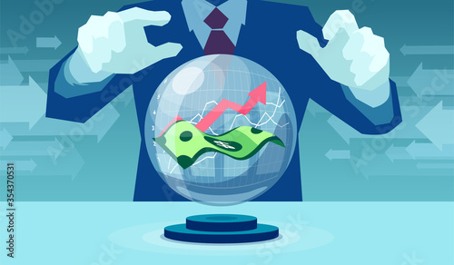 Vector of a businessman giving market forecast with crystal ball