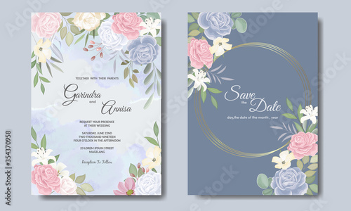 Elegant wedding invitations card template with colouful floral and leaves Premium Vector