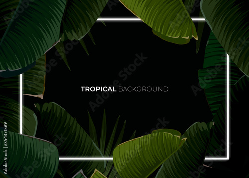 Dark tropical summer design with banana palm leaves, glowing frame and space for text. Vector flyer, banner or card template. Summer vector background.