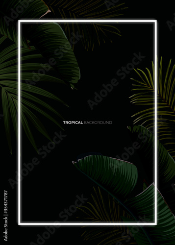 Dark tropical summer design with banana palm leaves, glowing frame and space for text. Vector flyer, banner or card template. Summer vector background.