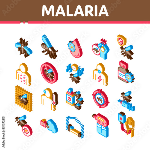 Malaria Illness Dengue Icons Set Vector. Isometric Malaria Mosquito, Spray And Protect Cream Bottle, Sick Human And Treatment Illustrations