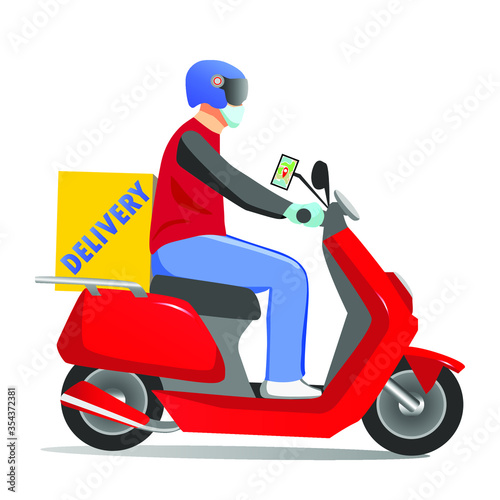 Vector illustration of home delivery service concept. The courier on scooter carries an order.
