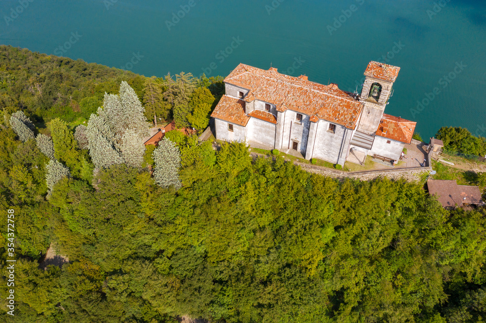 Lake Iseo, Italy, Monte Isola, aerial view of the Church of the Madonna of Ceriola