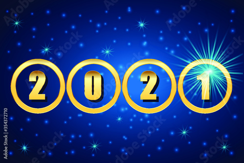 2021 Happy new year with snow on blue background with shine stars
