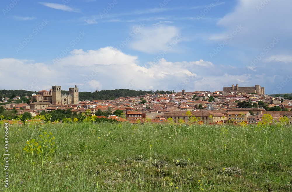 City scape of the old town of Sigüenza from the meadows during spring time. Guadalajara. Spain.  