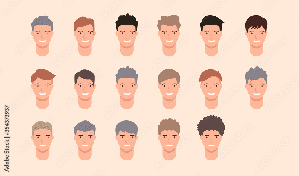 Set of Hairstyle man, Hair style set for barber and hair cut logo and men  portrait modern fashion long hair, short hair, curly hair salon hairstyles,  vector hairstyle silhouette, vector icon. Stock