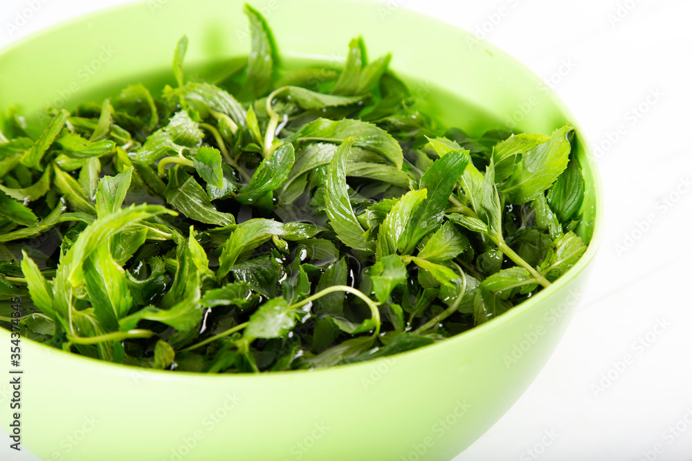 Bunch of fresh mint sprigs in clear green bowl Bunch of fresh mint sprigs in clear green bowl