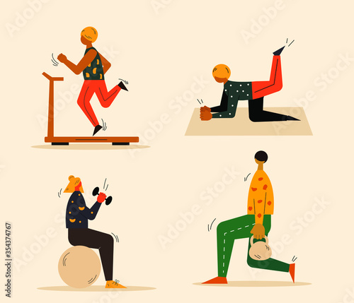 Set of people doing sports activities vector. Set of people doing workouts. People doing exercises and sports. Gym workouts vector. Gym sets. Active lifestyle vector. 