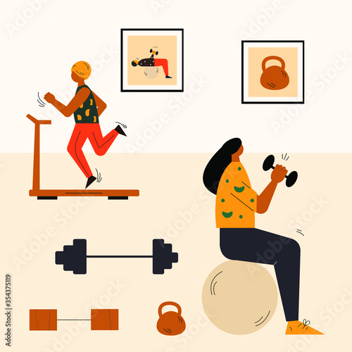 Man and woman doing sports at the gym. Gym workouts concept. People at the gym. Fitness workouts and exercises. Woman with dumbbells vector. 