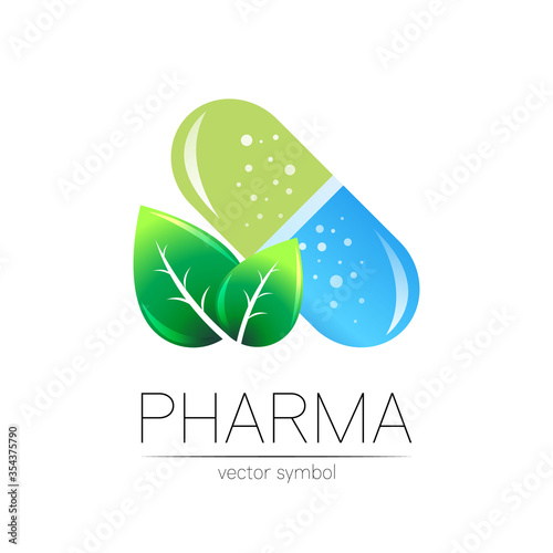 Pharmacy vector symbol with green leaf for pharmacist, pharma store, doctor and medicine. Modern design vector logo on white background. Pharmaceutical blue icon logotype tablet pill capsule. Health