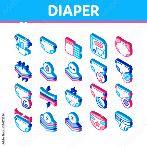 Diaper For Newborn Icons Set Vector. Isometric Diaper For Kids With Drop Of Liquid And Leaf, Multilayer And Comfortable Illustrations