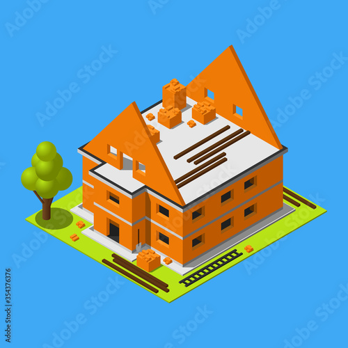 Isometric two floors building construction in process flat vector icon isolated on blue background.