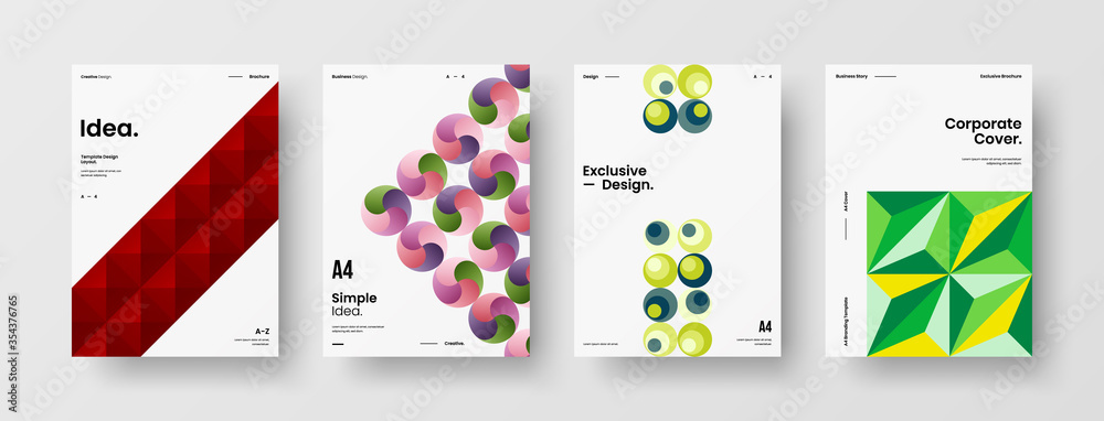 Fototapeta premium Company identity brochure template collection. Business presentation vector A4 vertical orientation front page mock up set. Corporate report cover abstract geometric illustration design layout bundle.