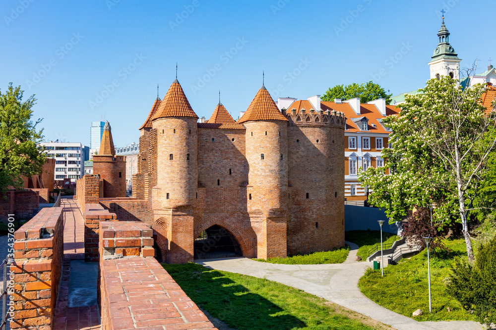 Warsaw Barbican fortified outpost as part of brick and stone historic defence walls in Stare Miasto Old Town quarter of Warsaw, Poland