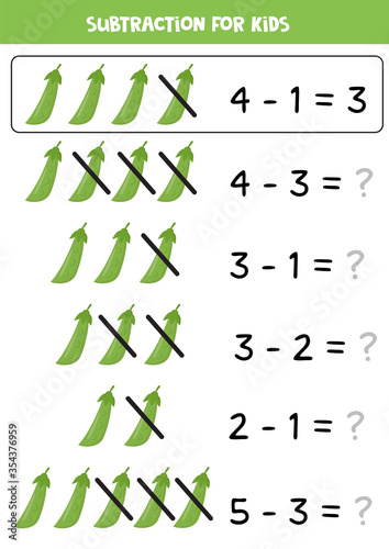 Subtraction for kids. Cartoon green peas. Math game.