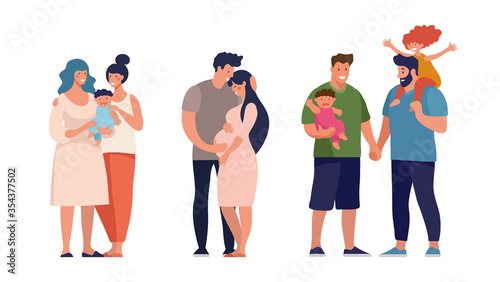 A set of LGBT couples and couples with children, gays, lesbians, a traditional pregnant couple. Relations and rights of homosexual partners. Vector illustration in a flat cartoon style.