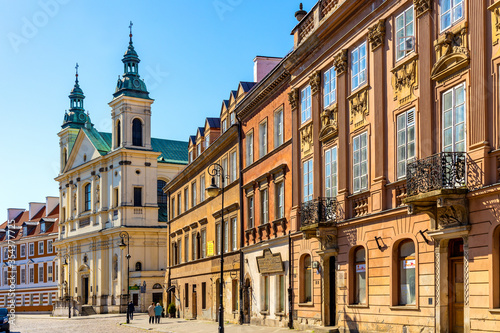 Panoramic view of historic New Town Nowe Miasto quarter with Pauline Order Church of Holy Spirit - kosciol sw. ducha - at Freta street in Warsaw, Poland