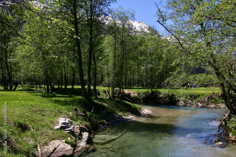 Alps view with snow, summer forest and meadow, and riverSwitzerland, Ticino, Campra Alps view with snow, summer forest and meadow, and riverSwitzerland, Ticino, Campra
