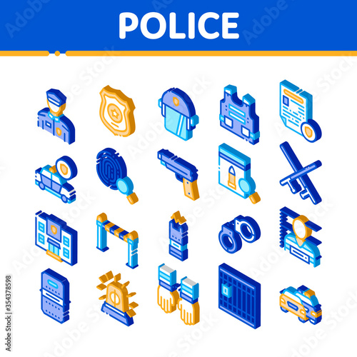 Police Department Icons Set Vector. Isometric Policeman Silhouette, Police Badge And Body Armor, Helmet And Gun And Truncheon Illustrations photo