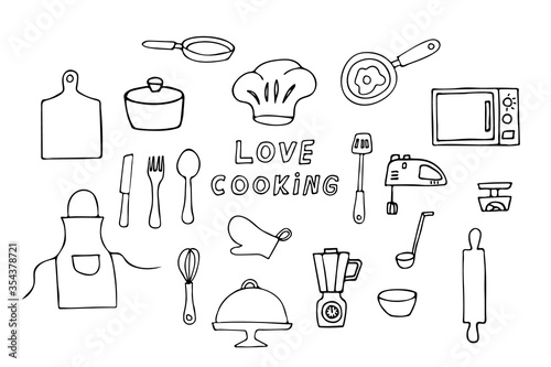 Doodle cooking icons set. Doodle kitchen utensils icons collection. Hand drawn cooking utensils collection. Doodle cooking utensils icons collection