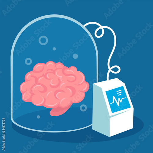 Vector creative idea illustration of pink smart human brain under glass cover and monitor with sensor on blue background.