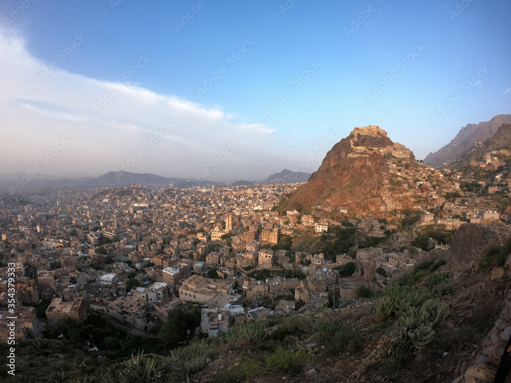 A view of Taiz city in Yemen, from the top of the historic castle Sirajiya which also shows the historic Castle Alqahera .