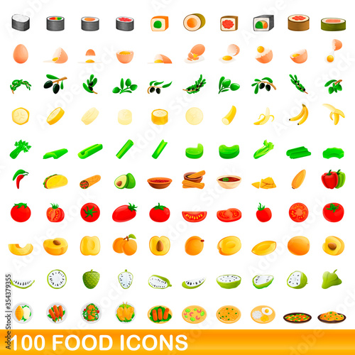 Fototapeta Naklejka Na Ścianę i Meble -  100 food icons set. Cartoon illustration of 100 food icons vector set isolated on white background
