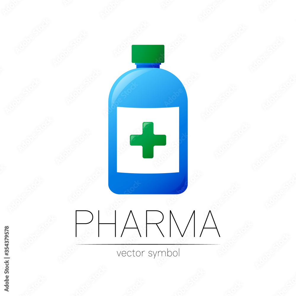 Pharmacy vector symbol with blue bottle and green cross for pharmacist, pharma store, doctor and medicine. Modern design vector logo on white background. Pharmaceutical icon logotype . Human Health Pharmacy vector symbol with blue bottle and green cross for pharmacist, pharma store, doctor and medicine. Modern design vector logo on white background. Pharmaceutical icon logotype . Human Health