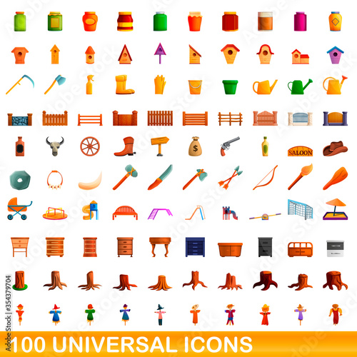 100 universal icons set. Cartoon illustration of 100 universal icons vector set isolated on white background