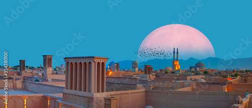 Silhouette of birds flying - Historic City of Yazd with famous wind towers in the background full moon at twilight blue hour - YAZD, IRAN 