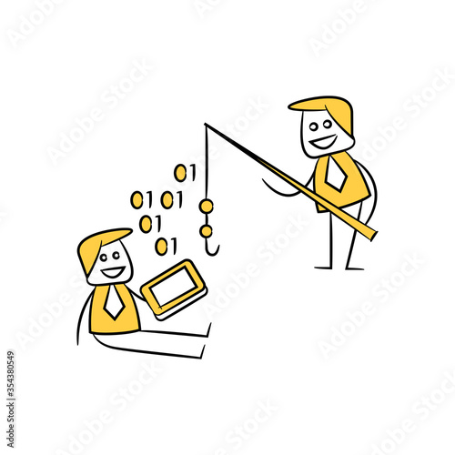 businessman phishing data on mobile yellow stick figure theme