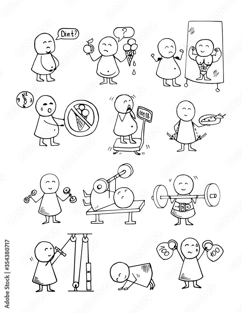 Funny people icons. Health, food, diet, fitness, sport training - doodles set. Vector background on graph paper.