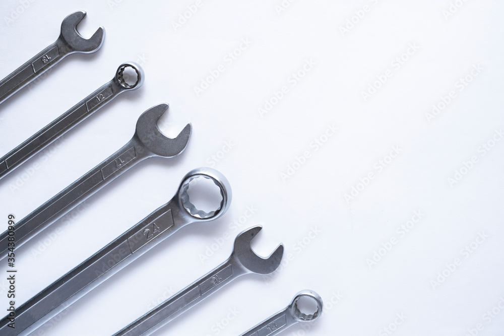 Set of wrenches on white background, great design for any purposes. Business wallpaper. White background. Technology concept. Repair service. Copy space. Set of wrenches on white background, great design for any purposes. Business wallpaper. White background. Technology concept. Repair service. Copy space.