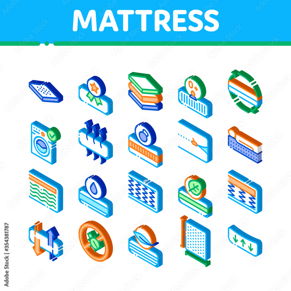 Mattress Orthopedic Icons Set Vector. Isometric Bedding Soft Mattress With Memory For Support Healthy Spine From Foam Material Illustrations