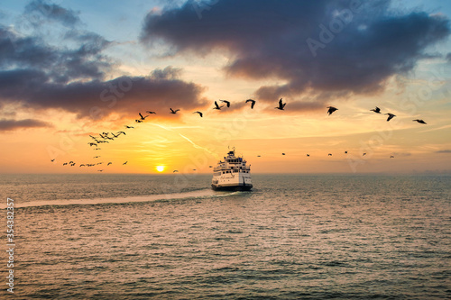 Photography Boat and birds between San Francisco and Sausalito