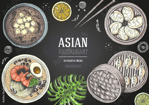 Asian food top view. Asian cuisine menu design template. Cartoon style. Colored dish set.