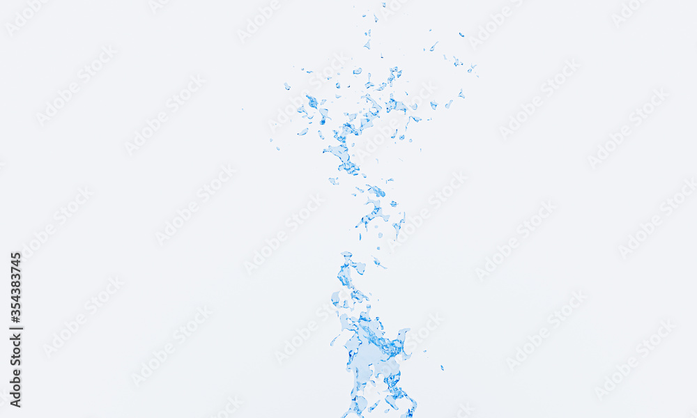 The clear blue water spread and bounced up from the bottom. White background. 3D Rendering