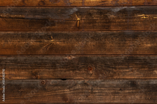 Background image texture of dark brown boards with knots and blackening