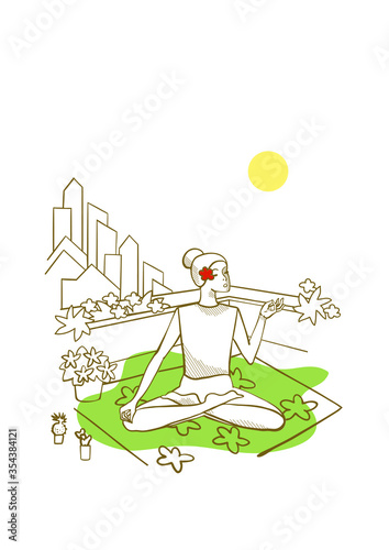 Rooftop urban farming, gardening or agriculture. A woman sitting in lotus yoga pose on the rooftop with a city tower buildings on the background. Vector hand dawn illustration