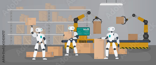 Robots work in a manufacturing warehouse. Robots carry boxes and lift the load. Futuristic concept of delivery, transportation and loading of goods. Large warehouse with boxes and pallets. Vector.