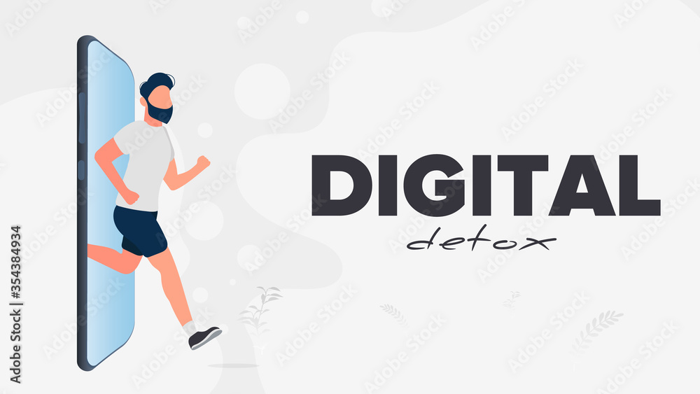 Digital detox banner. The guy runs out of the smartphone. The concept of banning devices, device free zone, digital detox. Vector.