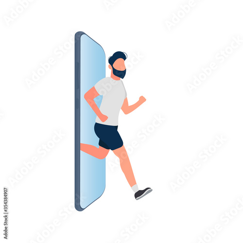 The guy runs out of the smartphone. The concept of banning devices, device free zone, digital detox. Blank for sticker. Isolated. Vector.