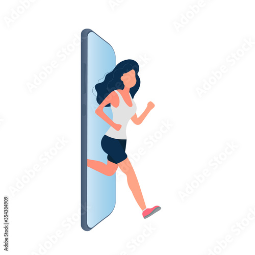 Girl running out from a smartphone. The concept of ban devices, free zone devices, digital detox. Isolated. Vector.