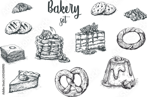 Hand drawn sketch with bread, pastry, sweet. Bakery set vector illustration. Desserts set. Cakes, biscuits, baking, cookies, pastries.
