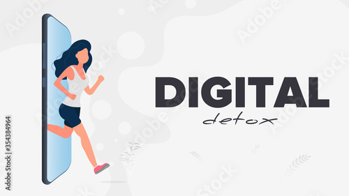 Digital detox banner. The girl runs out of the smartphone. The concept of banning devices, device free zone, digital detox. Vector.