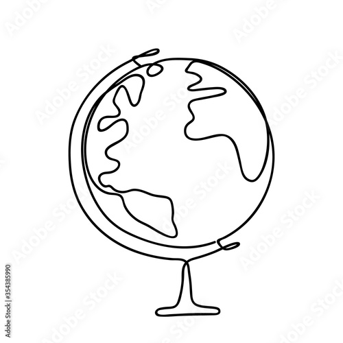Continuous stylized modern drawing of a school globe. flat vector linear illustration on white background.