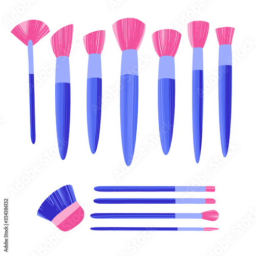 Hand drawn cosmetics set. Professional makeup concealer powder blush eyeshadow brow brushes.