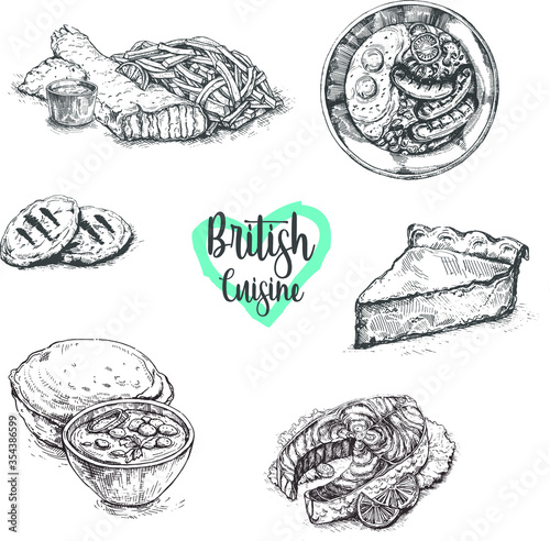 British cuisine. Street food series. Great for market, restaurant, cafe, food label design.Sketch.English cuisine
